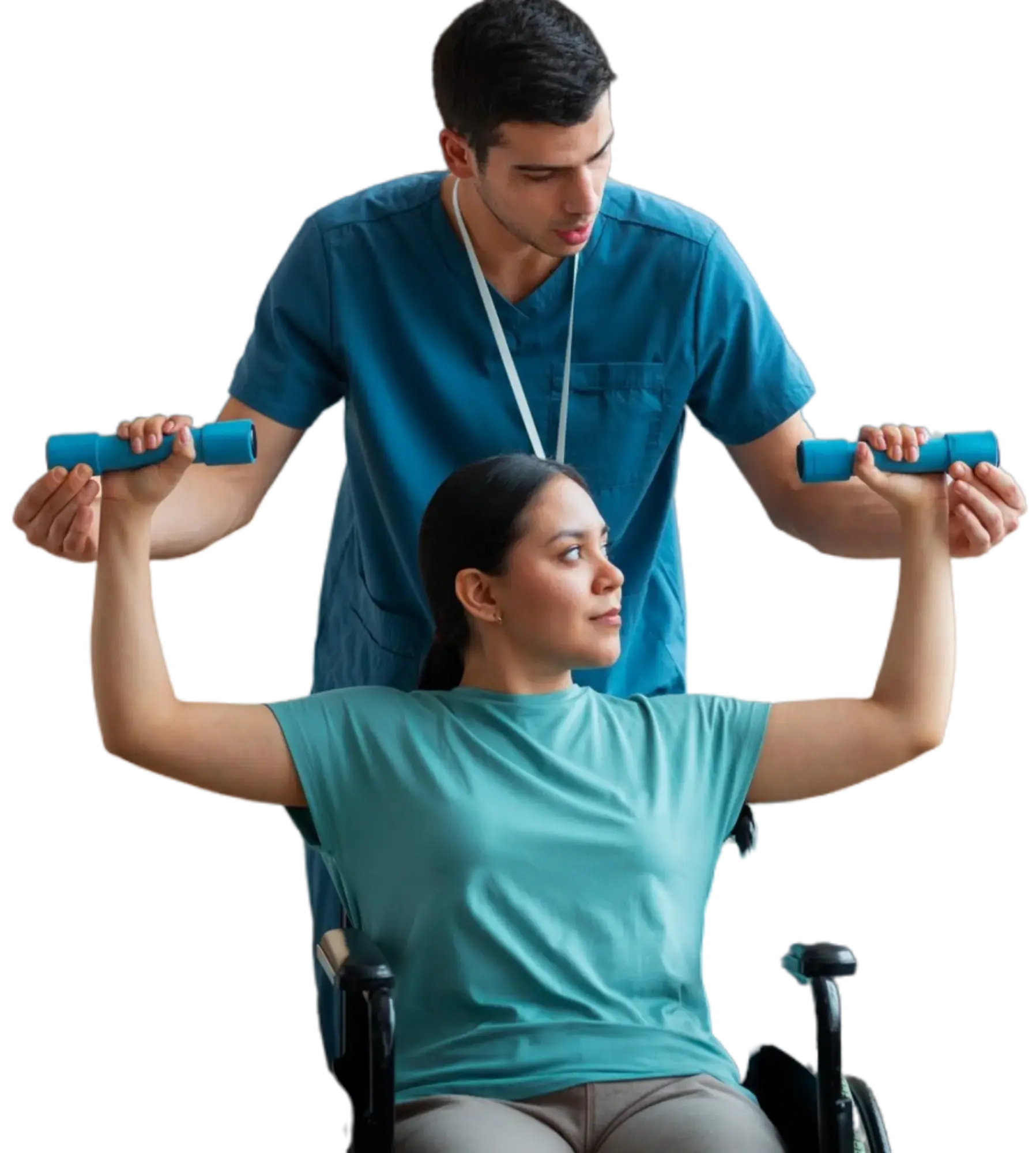 Physio with a patient in wheel chair during physiotherapy at home session.